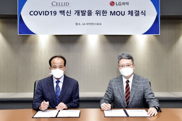 ▲ 셀리드는 자체 개발하고 있는 코로나19 백신 ‘AdCLD-Cov19’의 개발 및 대량생산을 위한 협력체계의 구축과 상업화 촉진을 위해 5일, LG화학과 LG화학 마곡R&D캠퍼스에서 상호협력 협약을 체결했다고 밝혔다.
