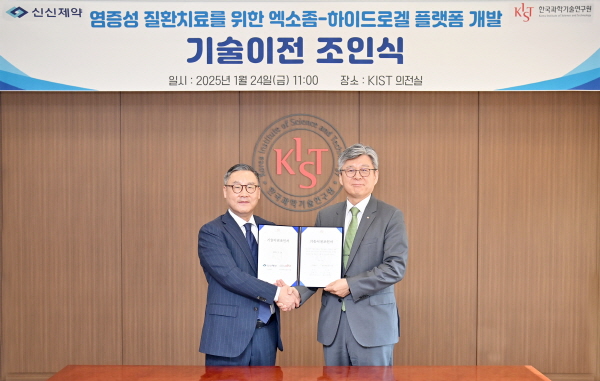 ▲ 신신제약은 24일 KIST(한국과학기술연구원)와 ‘염증성 질환 치료를 위한 엑소좀-하이드로겔 플랫폼 개발’ 기술 이전 조인식을 개최했다고 밝혔다.